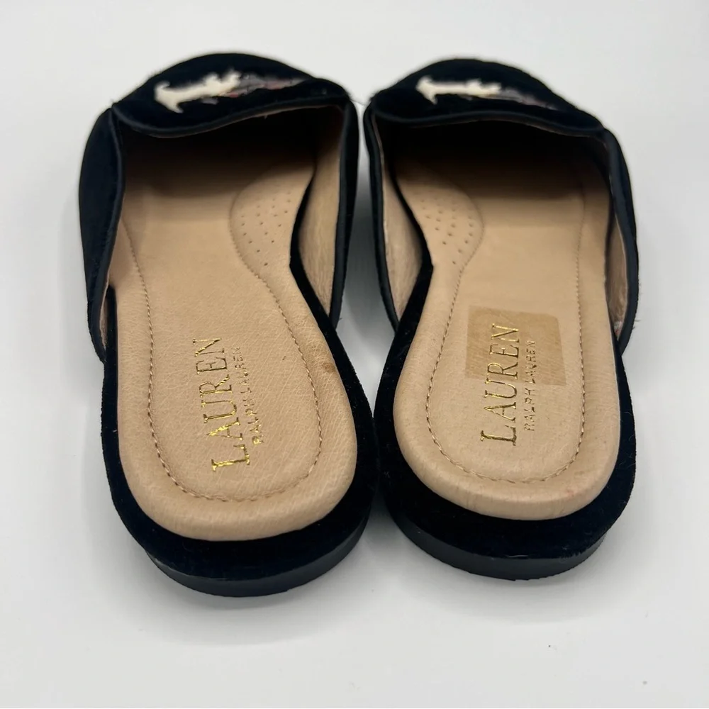 Ralph Lauren Black Velvet Loafers Scottish Terrier Dog Embroidery 10 New Mules - Picture 6 of 6